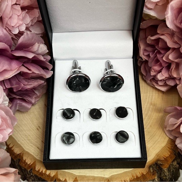 Black Mother of Pearl Cufflinks Tuxedo Studs Formal 8 Pcs Set - Picture 15 of 16